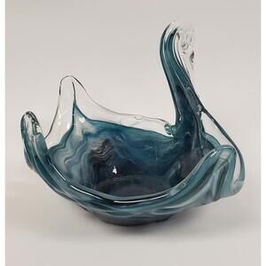 Vintage Murano Art Glass Swan Bowl Blue Swirl Sculpture 7" x 8.5"